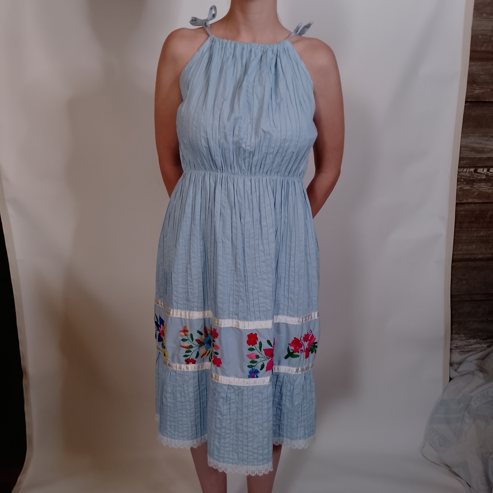 Light Blue Halter Dress with Floral Embroidery